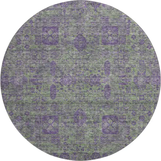 8' Fern Green And Purple Floral Washable Round Rug With UV Protection Photo 1