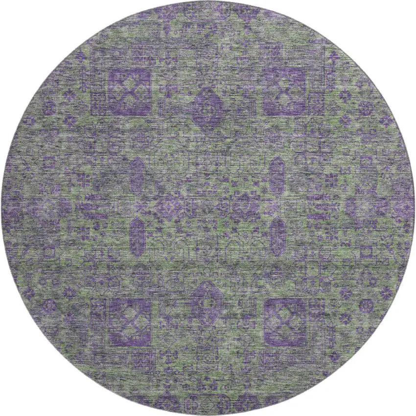 8' Fern Green And Purple Floral Washable Round Rug With UV Protection Photo 1