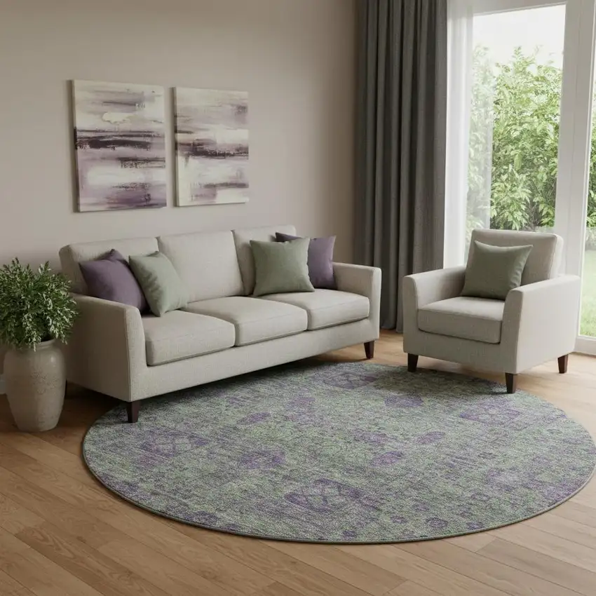 8' Fern Green And Purple Floral Washable Round Rug With UV Protection Photo 1