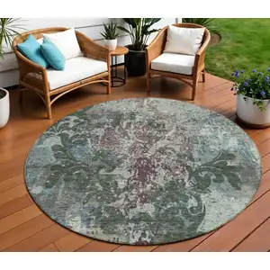 Photo of 8' Fern Green And Purple Round Damask Washable Indoor Outdoor Area Rug