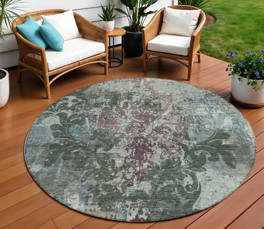 8' Fern Green And Purple Round Damask Washable Indoor Outdoor Area Rug Photo 1