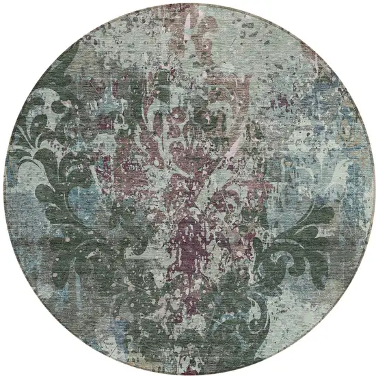 8' Fern Green And Purple Round Damask Washable Indoor Outdoor Area Rug Photo 5