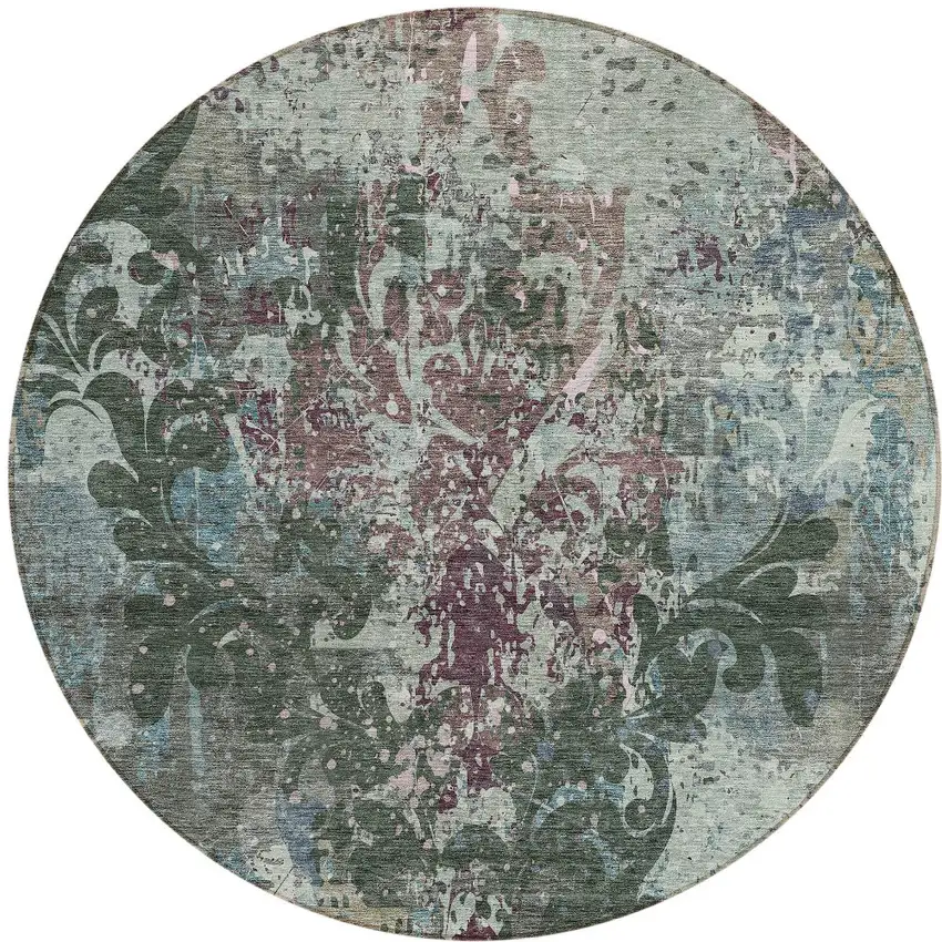 8' Fern Green And Purple Round Damask Washable Indoor Outdoor Area Rug Photo 5
