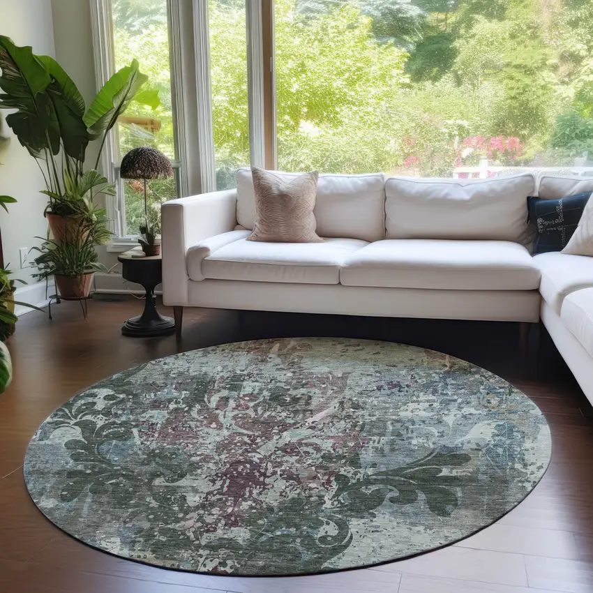 8' Fern Green And Purple Round Damask Washable Indoor Outdoor Area Rug Photo 8