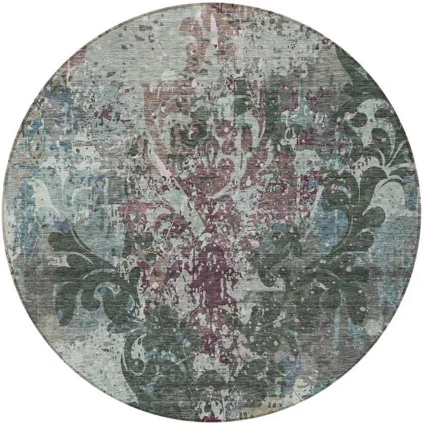 8' Fern Green And Purple Round Damask Washable Indoor Outdoor Area Rug Photo 6