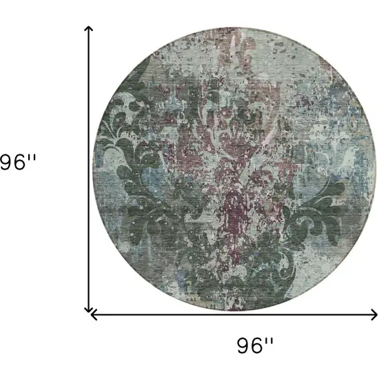 8' Fern Green And Purple Round Damask Washable Indoor Outdoor Area Rug Photo 3