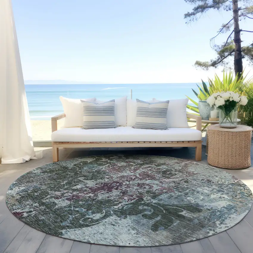 8' Fern Green And Purple Round Damask Washable Indoor Outdoor Area Rug Photo 7