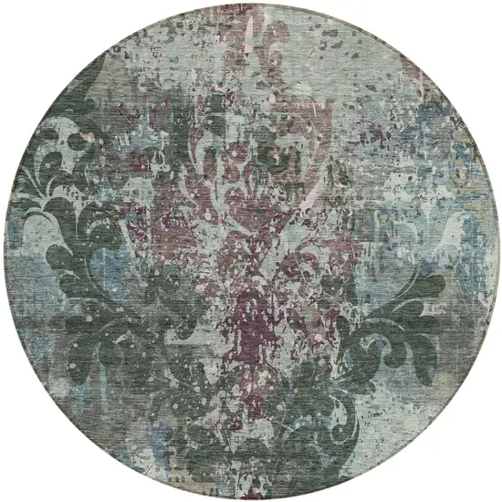 8' Fern Green And Purple Round Damask Washable Indoor Outdoor Area Rug Photo 2