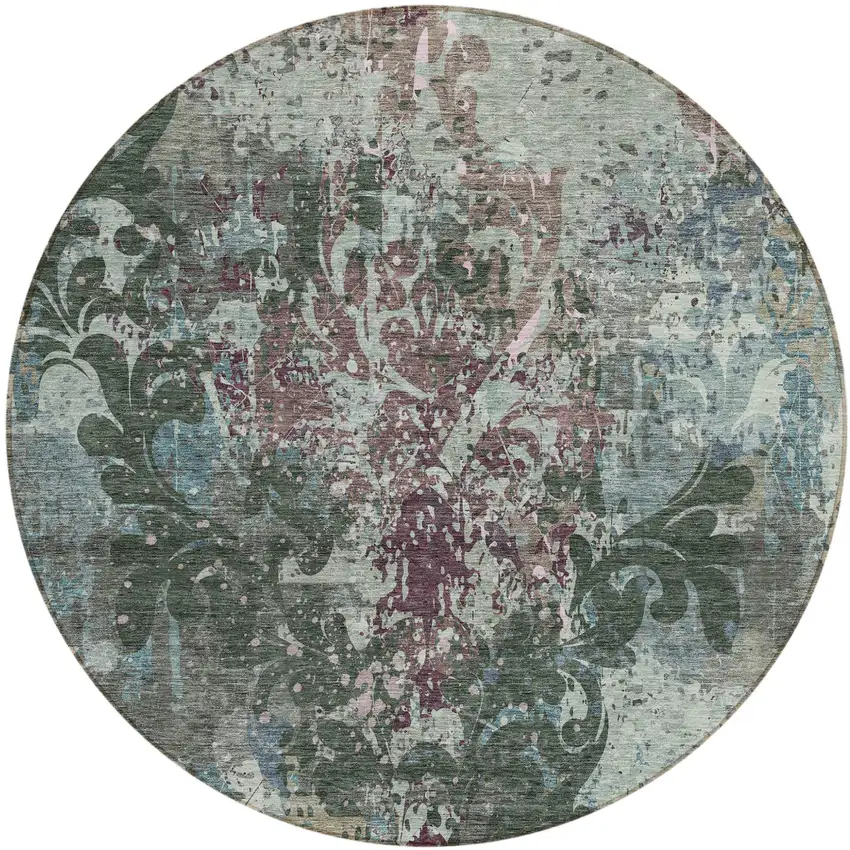 8' Fern Green And Purple Round Damask Washable Indoor Outdoor Area Rug Photo 2
