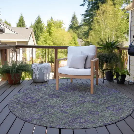 8' Fern Green And Purple Round Oriental Washable Indoor Outdoor Area Rug Photo 6