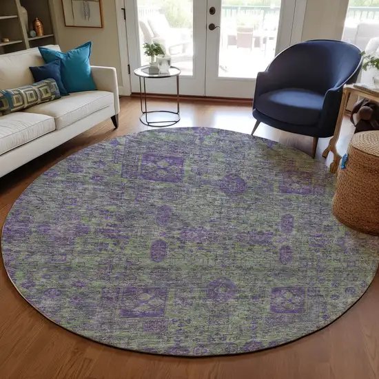 8' Fern Green And Purple Round Oriental Washable Indoor Outdoor Area Rug Photo 7