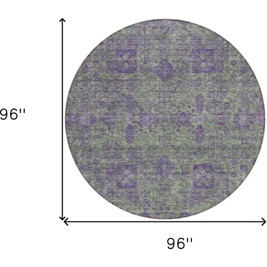 8' Fern Green And Purple Round Oriental Washable Indoor Outdoor Area Rug Photo 9
