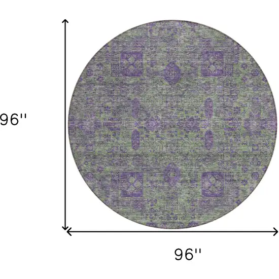 8' Fern Green And Purple Round Oriental Washable Indoor Outdoor Area Rug Photo 9