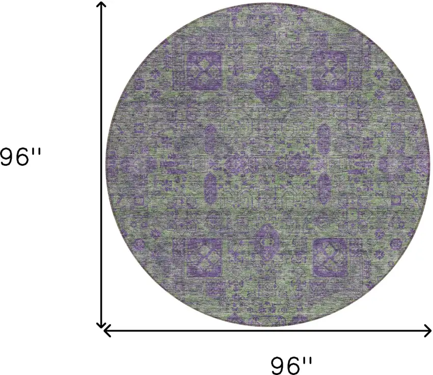 8' Fern Green And Purple Round Oriental Washable Indoor Outdoor Area Rug Photo 9