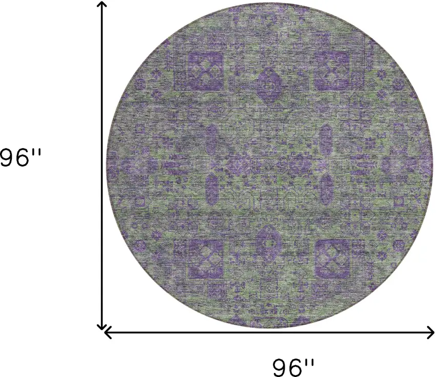 8' Fern Green And Purple Round Oriental Washable Indoor Outdoor Area Rug Photo 9