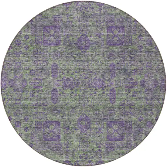 8' Fern Green And Purple Round Oriental Washable Indoor Outdoor Area Rug Photo 5
