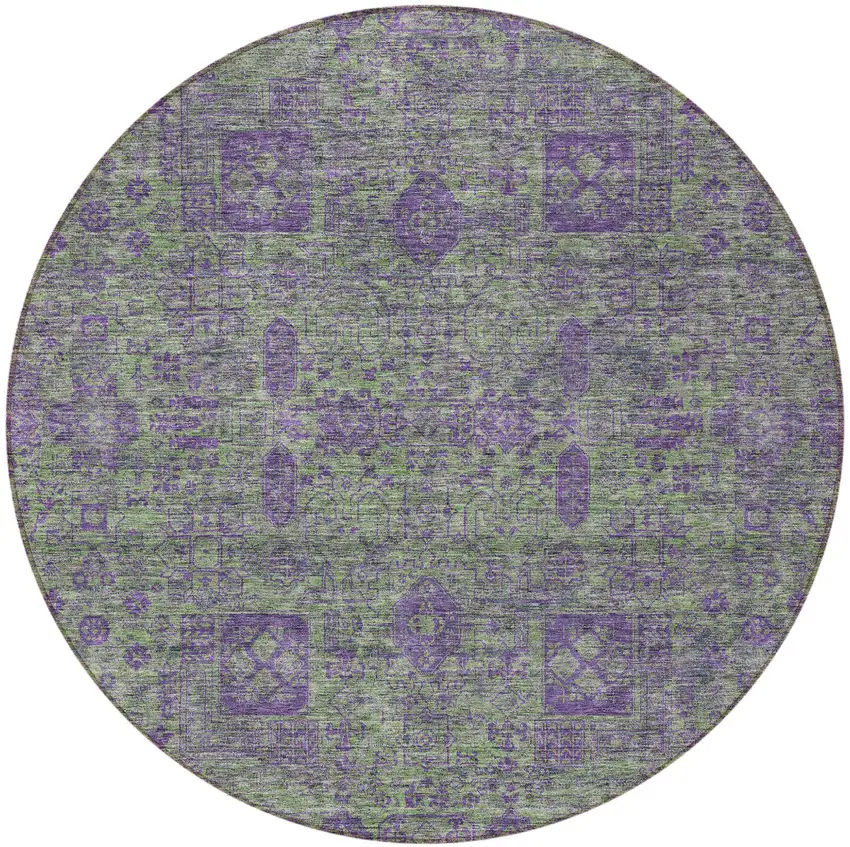8' Fern Green And Purple Round Oriental Washable Indoor Outdoor Area Rug Photo 5