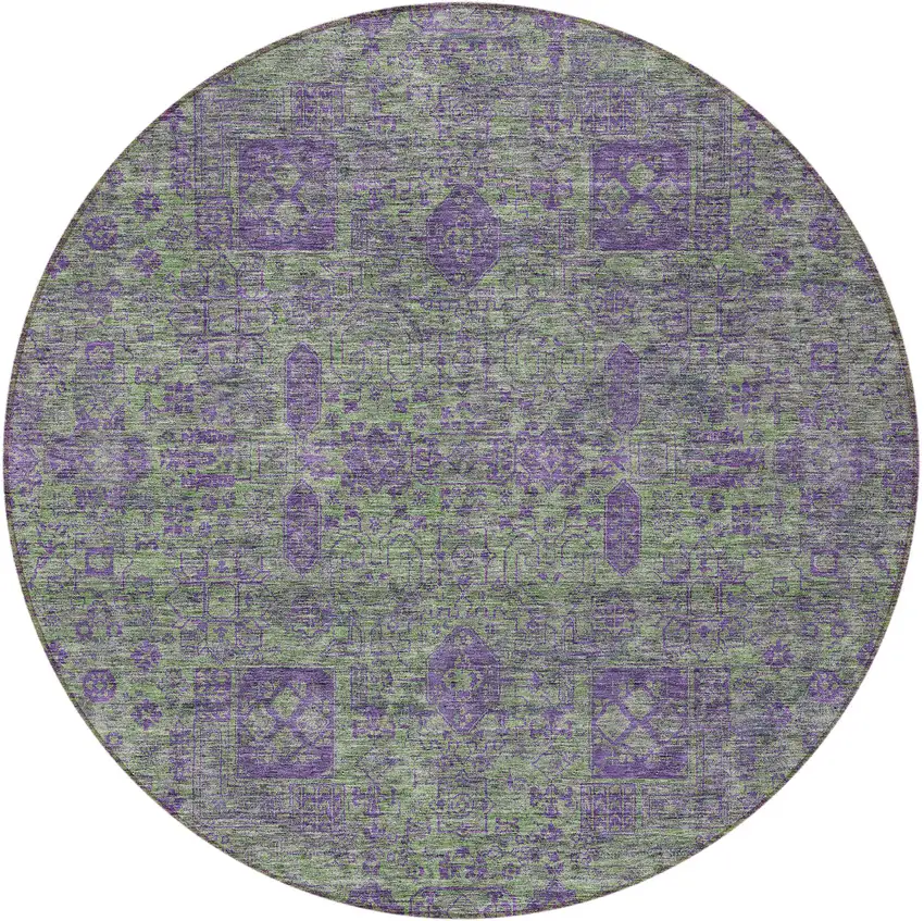 8' Fern Green And Purple Round Oriental Washable Indoor Outdoor Area Rug Photo 5
