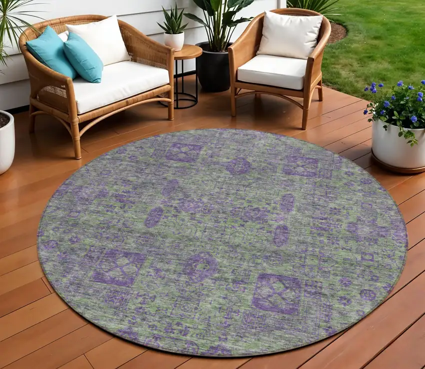 8' Fern Green And Purple Round Oriental Washable Indoor Outdoor Area Rug Photo 1