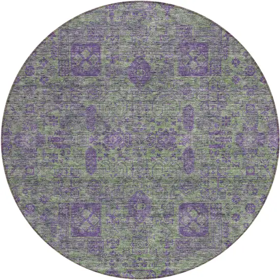8' Fern Green And Purple Round Oriental Washable Indoor Outdoor Area Rug Photo 1