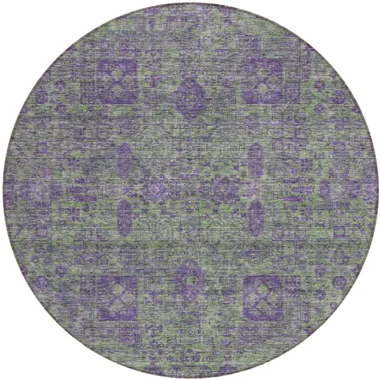 8' Fern Green And Purple Round Oriental Washable Indoor Outdoor Area Rug Photo 1
