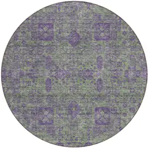 Photo of 8' Fern Green And Purple Round Oriental Washable Indoor Outdoor Area Rug