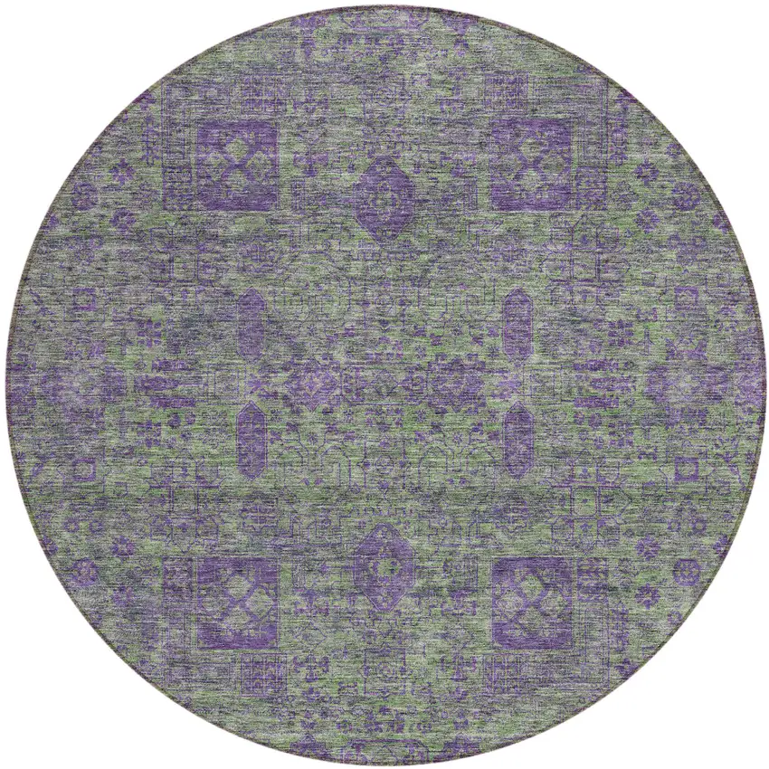 8' Fern Green And Purple Round Oriental Washable Indoor Outdoor Area Rug Photo 1