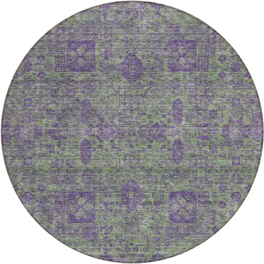8' Fern Green And Purple Round Oriental Washable Indoor Outdoor Area Rug Photo 1