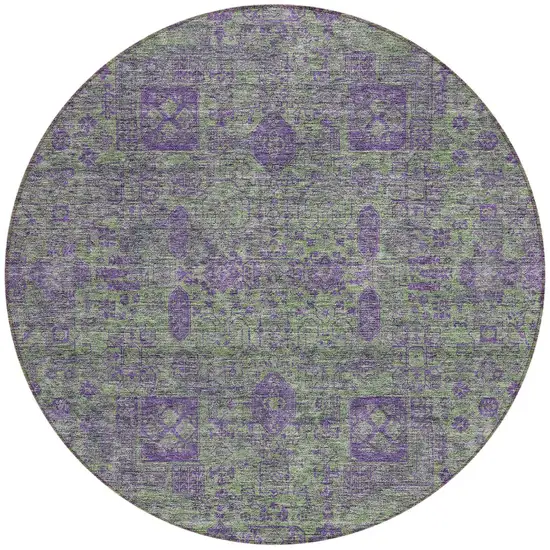 8' Fern Green And Purple Round Oriental Washable Indoor Outdoor Area Rug Photo 4