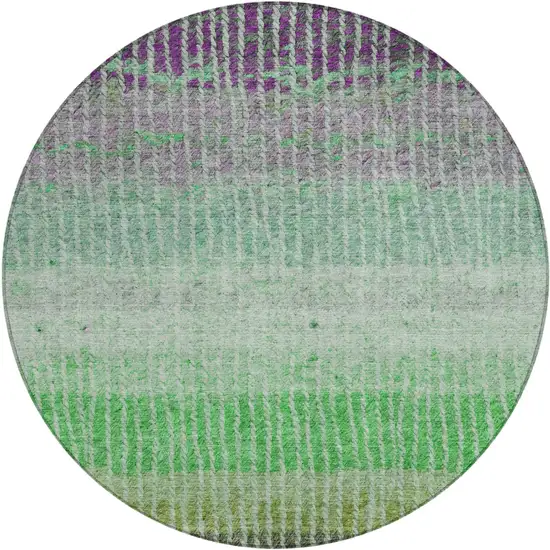 8' Fern Green And Purple Round Striped Washable Indoor Outdoor Area Rug Photo 2