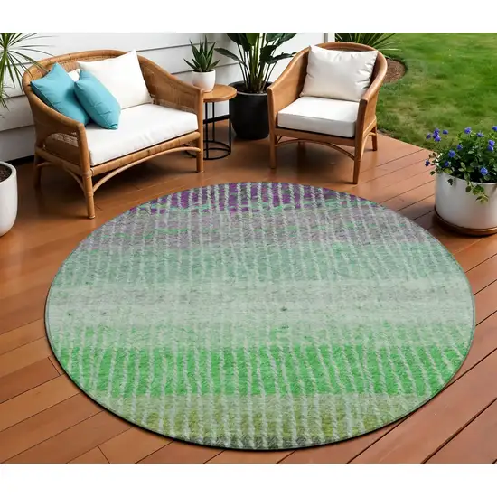 8' Fern Green And Purple Round Striped Washable Indoor Outdoor Area Rug Photo 1