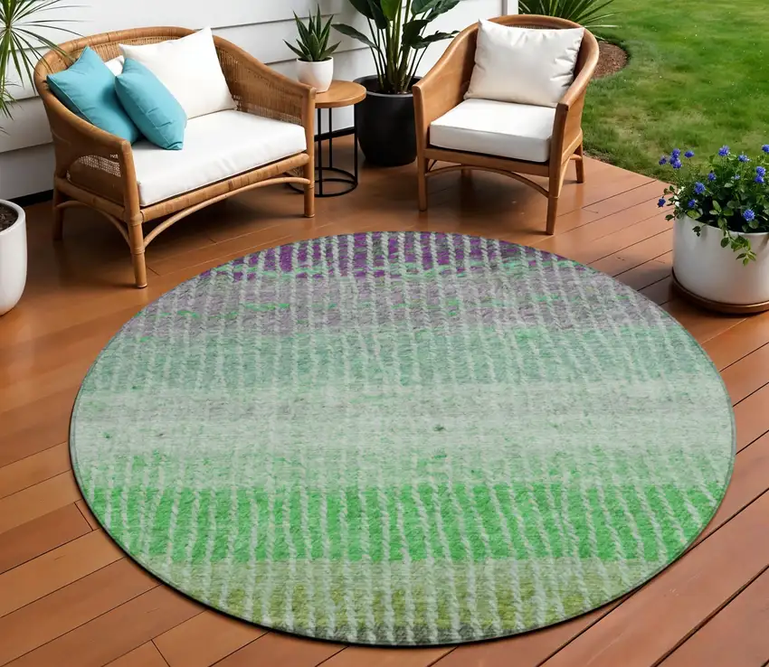 8' Fern Green And Purple Round Striped Washable Indoor Outdoor Area Rug Photo 1