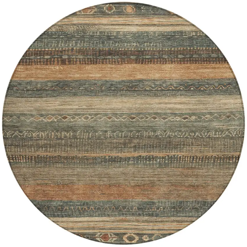 8' Fern Green And Rust Round Aztec Washable Indoor Outdoor Area Rug Photo 3