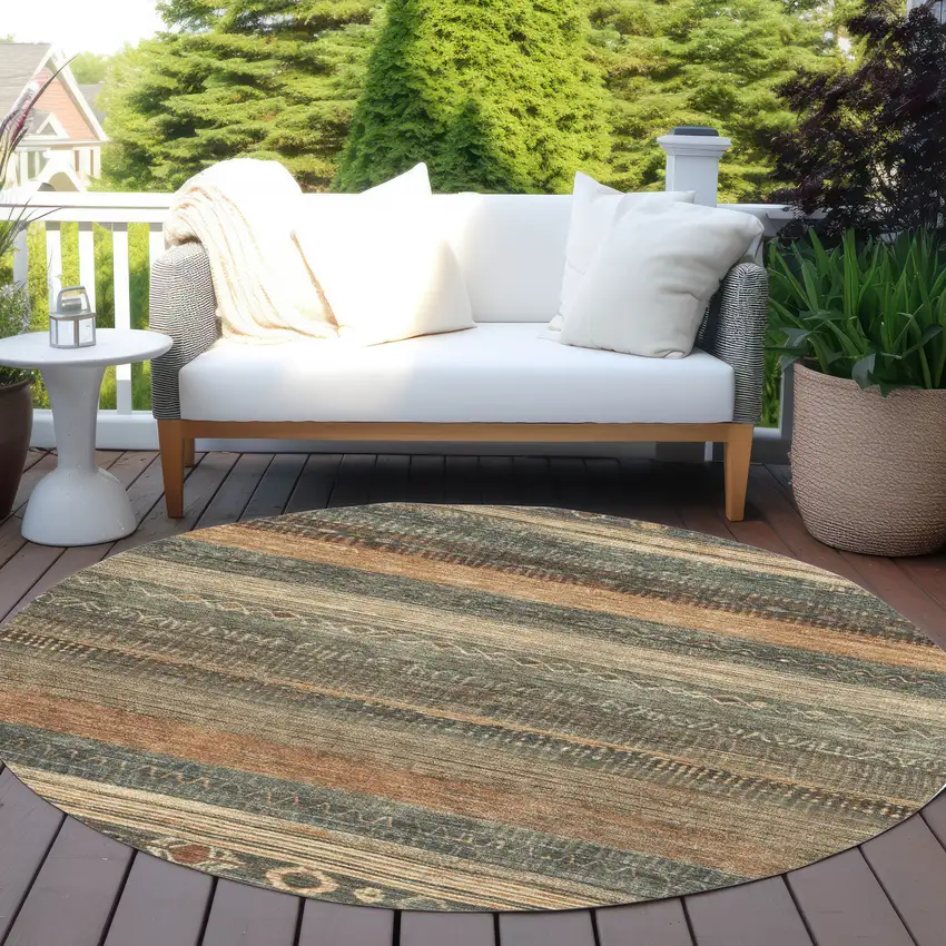 8' Fern Green And Rust Round Aztec Washable Indoor Outdoor Area Rug Photo 6