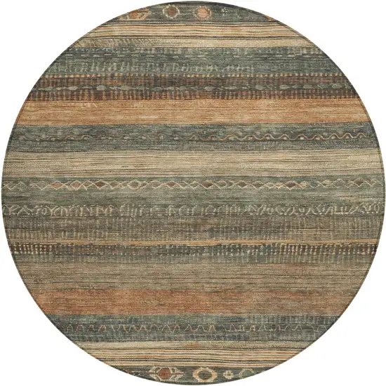 8' Fern Green And Rust Round Aztec Washable Indoor Outdoor Area Rug Photo 1