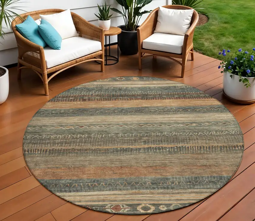 8' Fern Green And Rust Round Aztec Washable Indoor Outdoor Area Rug Photo 2
