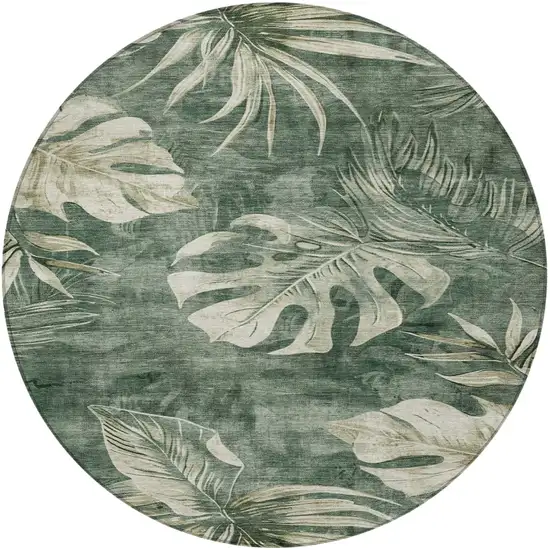 8' Fern Green And Sage Round Floral Washable Indoor Outdoor Area Rug Photo 3