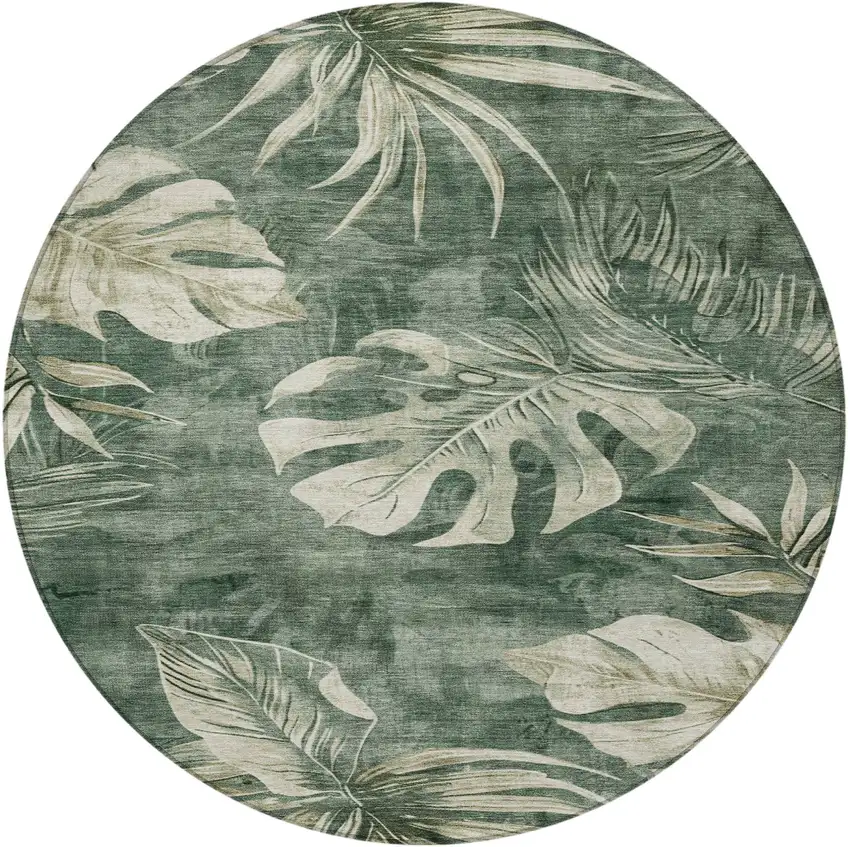 8' Fern Green And Sage Round Floral Washable Indoor Outdoor Area Rug Photo 3