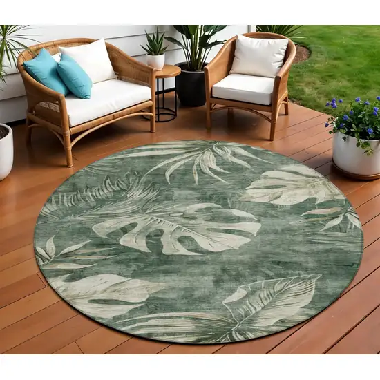 8' Fern Green And Sage Round Floral Washable Indoor Outdoor Area Rug Photo 2