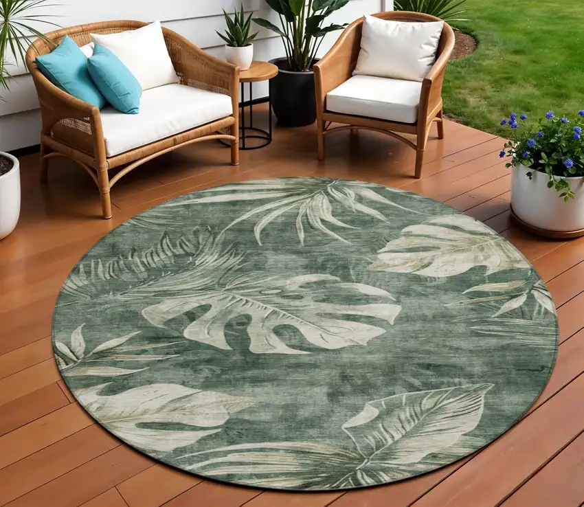 8' Fern Green And Sage Round Floral Washable Indoor Outdoor Area Rug Photo 2