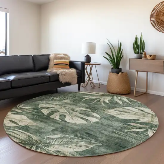 8' Fern Green And Sage Round Floral Washable Indoor Outdoor Area Rug Photo 6