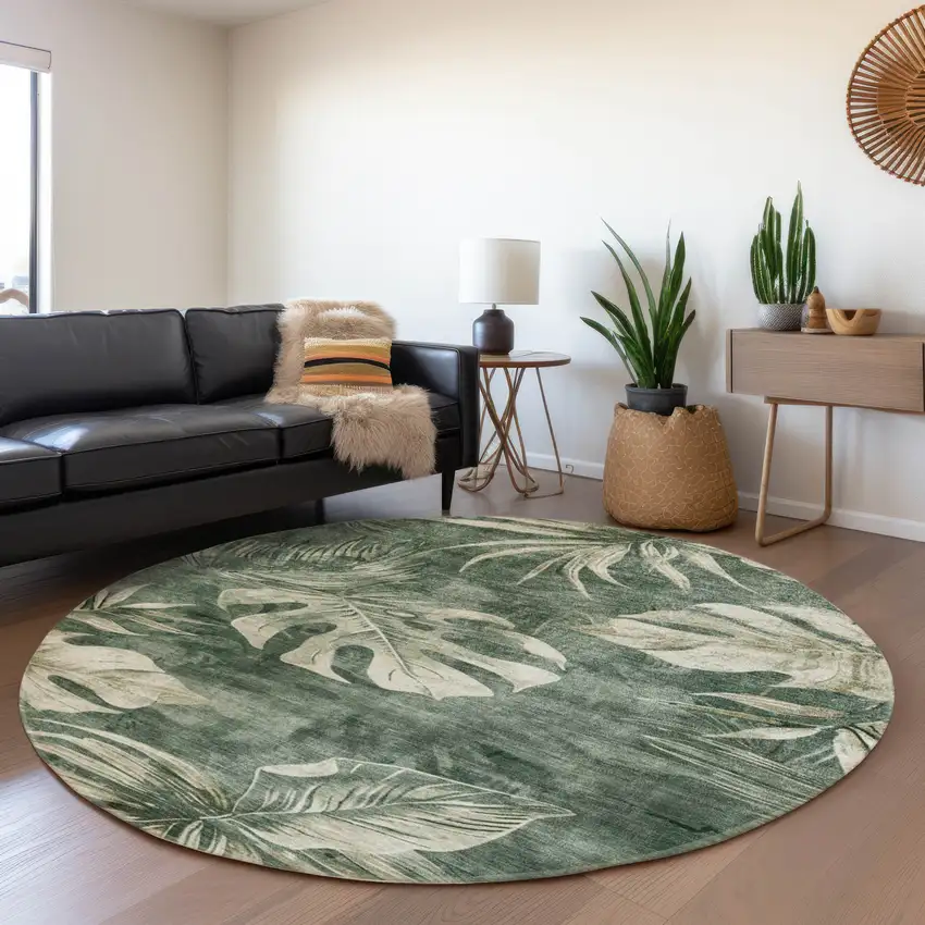 8' Fern Green And Sage Round Floral Washable Indoor Outdoor Area Rug Photo 6