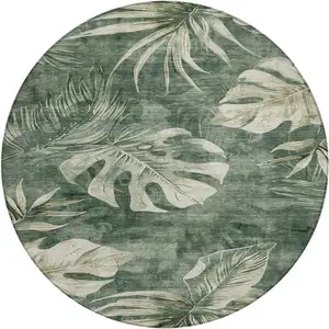 Photo of 8' Fern Green And Sage Round Floral Washable Indoor Outdoor Area Rug