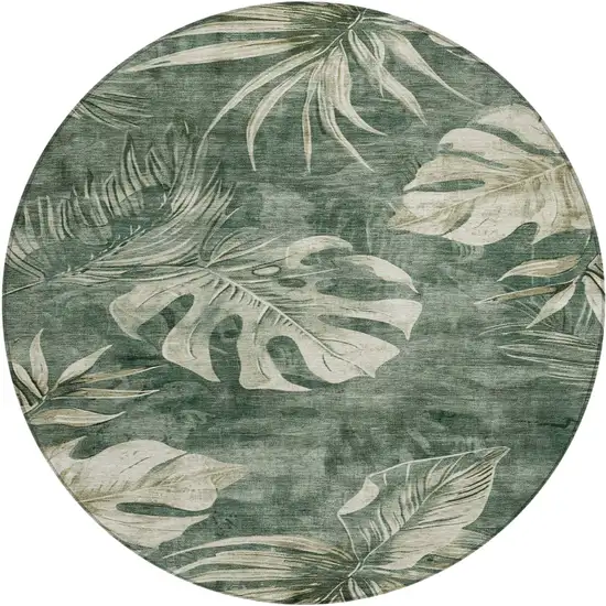 8' Fern Green And Sage Round Floral Washable Indoor Outdoor Area Rug Photo 1