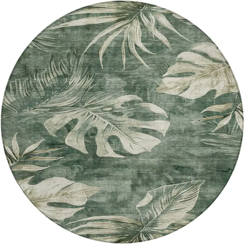 8' Fern Green And Sage Round Floral Washable Indoor Outdoor Area Rug Photo 1