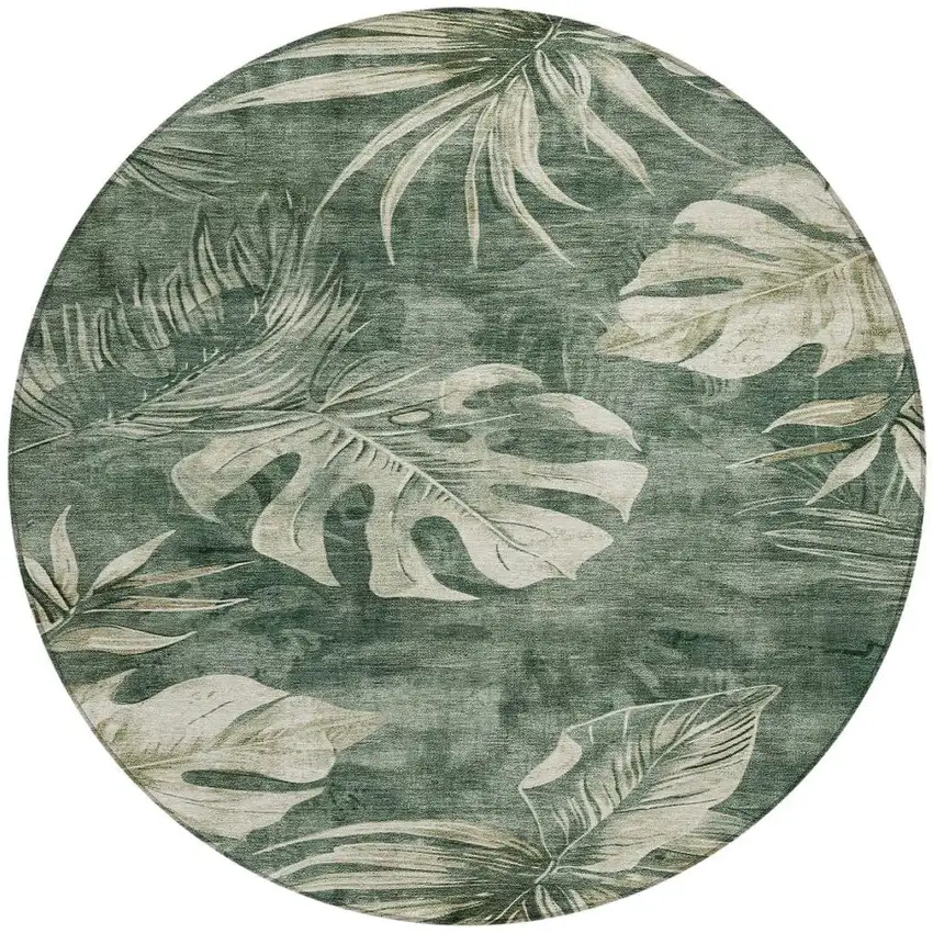 8' Fern Green And Sage Round Floral Washable Indoor Outdoor Area Rug Photo 4