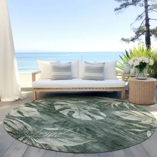 8' Fern Green And Sage Round Floral Washable Indoor Outdoor Area Rug Photo 5