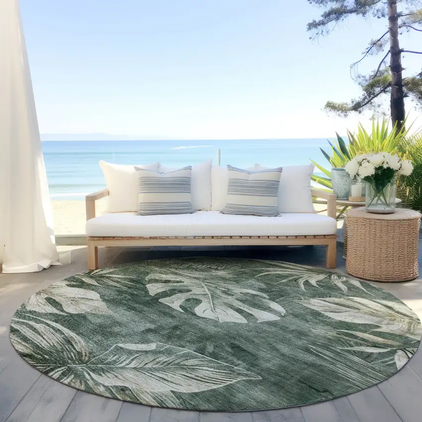 8' Fern Green And Sage Round Floral Washable Indoor Outdoor Area Rug Photo 5