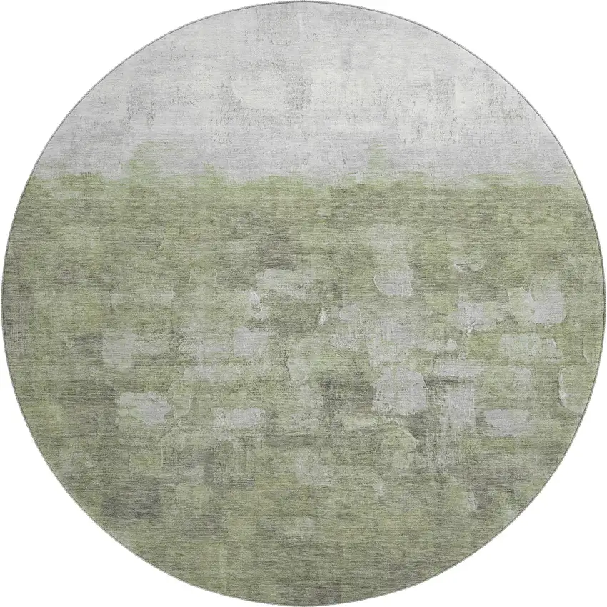 8' Fern Green And Silver Abstract Washable Round Rug With UV Protection Photo 1