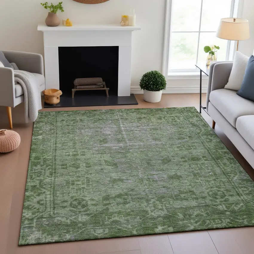 8' Fern Green And Silver Oriental Washable Area Rug With UV Protection Photo 4